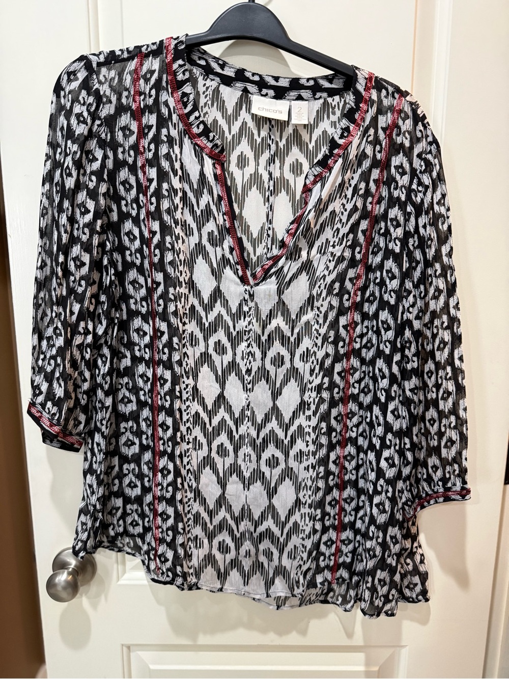 Chico's Black and White Ikat-Style V-Neck Tunic with Red Trim